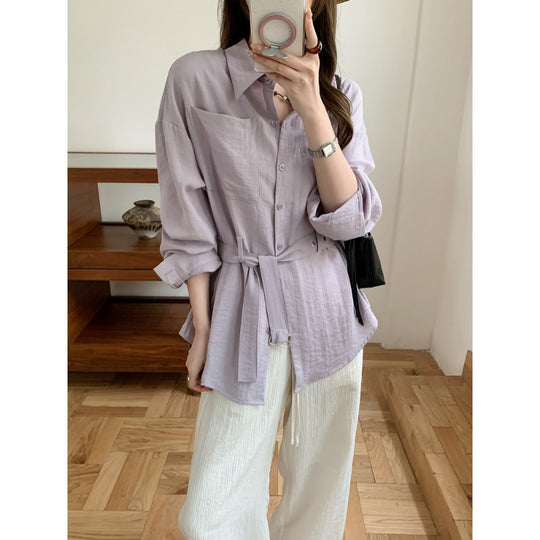 Damen Weit geschnittene Leinen‑Hemdbluse mit Taillengürtel und Brusttasche Nord Taschen