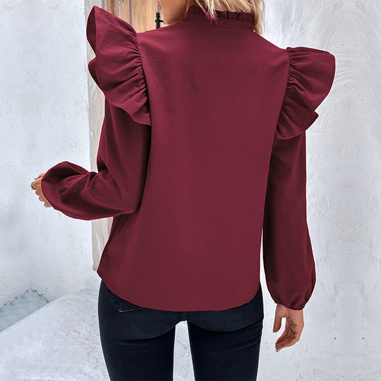 Damen Romantische Rüschenbluse mit Stehkragen, V‑Ausschnitt und Ballonärmeln Nord Taschen