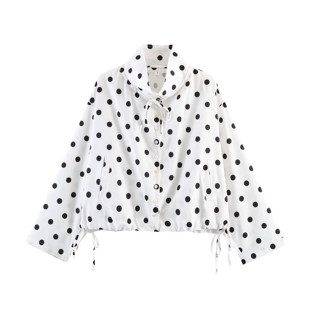Damen Gepunktete Cropped Bluse‑Jacke mit hohem Tunnelzugkragen und Kordelbund Nord Taschen