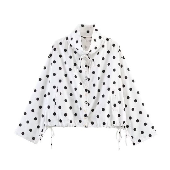 Damen Gepunktete Cropped Bluse‑Jacke mit hohem Tunnelzugkragen und Kordelbund Nord Taschen