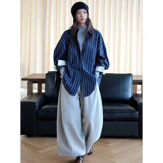 Damen Oversized-Streifenbluse mit Kontrastmanschetten Nord Taschen