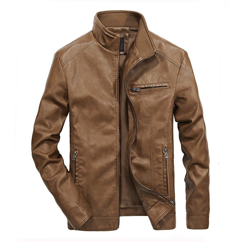 Herren Slim-Fit Kunstleder-Motojacke mit Stehkragen, Reißverschluss-Taschen und verstärkter Nahtführung Nord Taschen