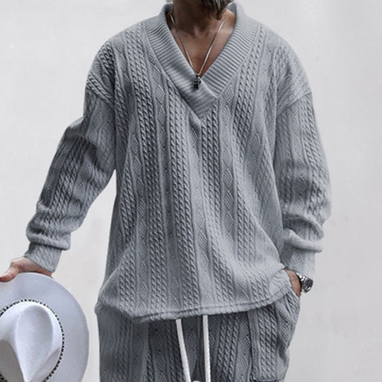 Herren Oversize-Zopfmuster-Pullover mit tiefem V-Ausschnitt Nord Taschen