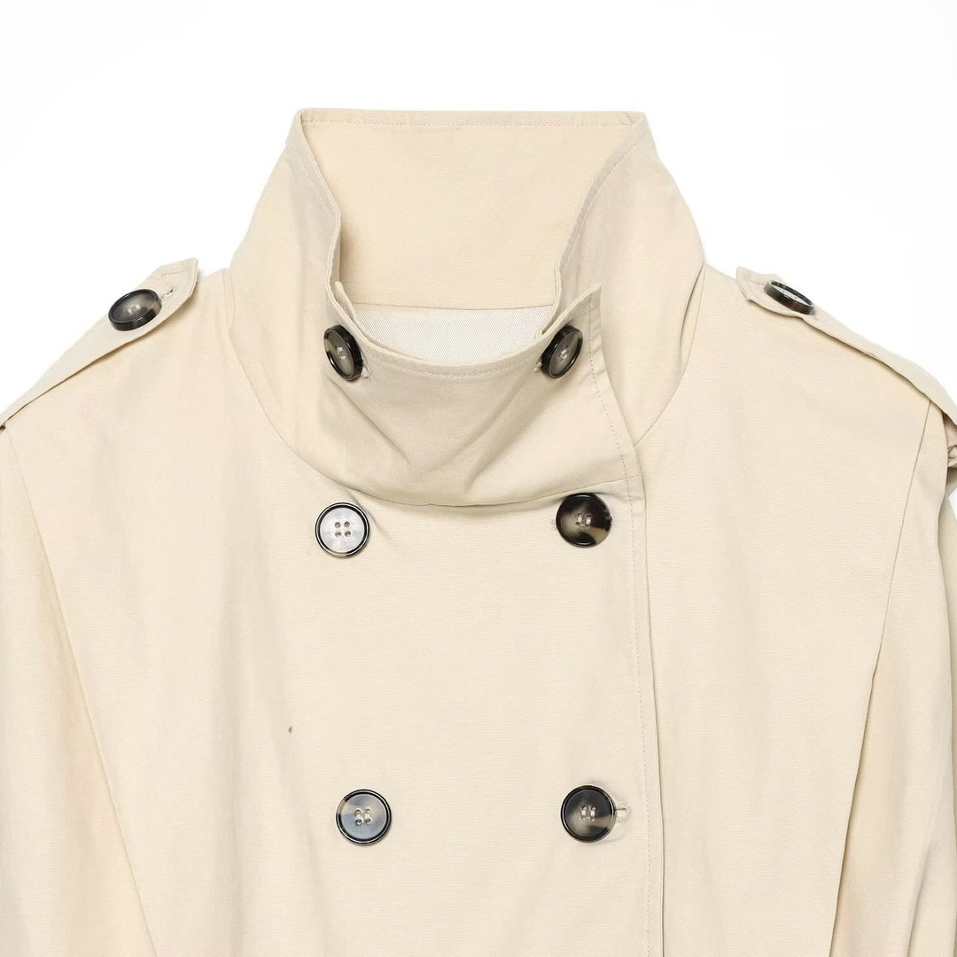 Damen Cropped Doppelreihiger Trench‑Blouson mit hohem Stehkragen, Schulterklappen und elastischem Saum Nord Taschen