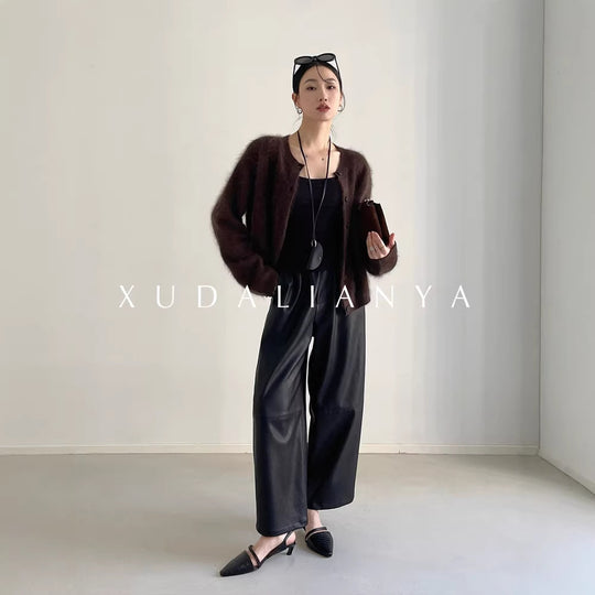 Damen Flauschiger Mohair-Optik V-Ausschnitt-Cardigan mit Knopfleiste Nord Taschen