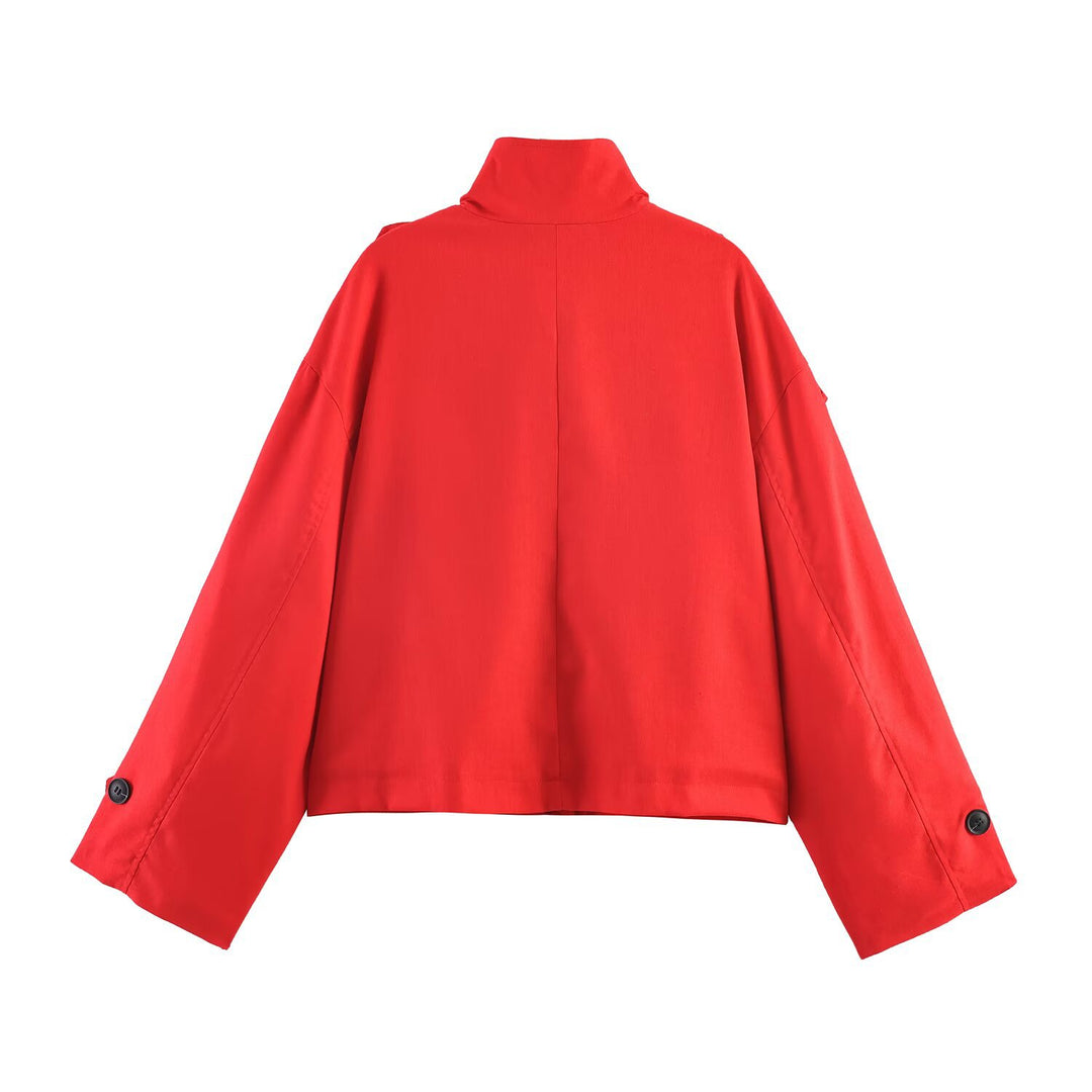 Damen Kurz geschnittene Oversize-Trenchjacke mit Stehkragen und Schulterklappen Nord Taschen