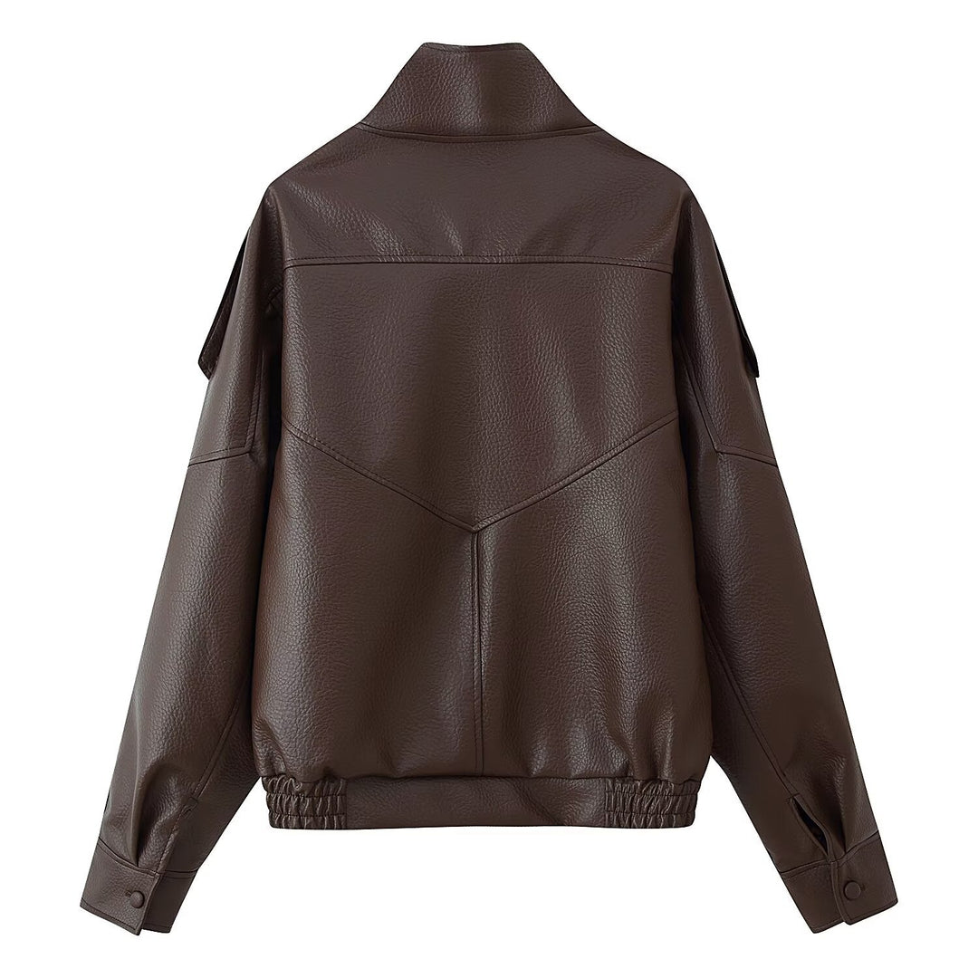 Damen Oversize Kunstlederjacke mit Hemdkragen und elastischem Saum Nord Taschen