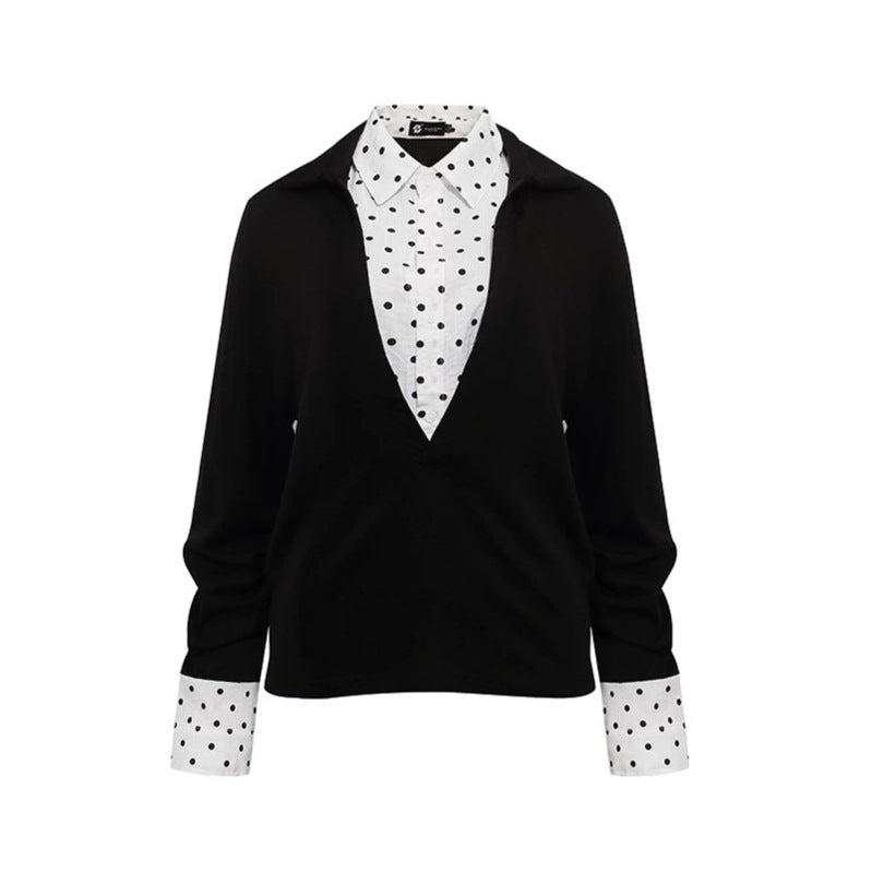 Damen Lagen-Langarmshirt mit tiefem V-Ausschnitt, angenähter Hemdblende und Polka-Dot-Details Nord Taschen