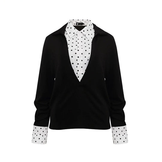Damen Lagen-Langarmshirt mit tiefem V-Ausschnitt, angenähter Hemdblende und Polka-Dot-Details Nord Taschen