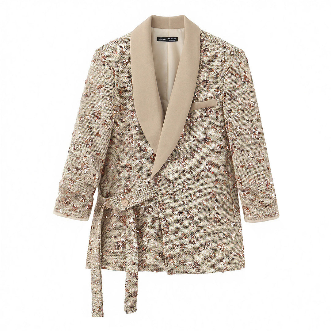 Damen Zweiteiliges Bouclé‑Wickelblazer und High‑Waist Palazzo‑Hosen Set Nord Taschen