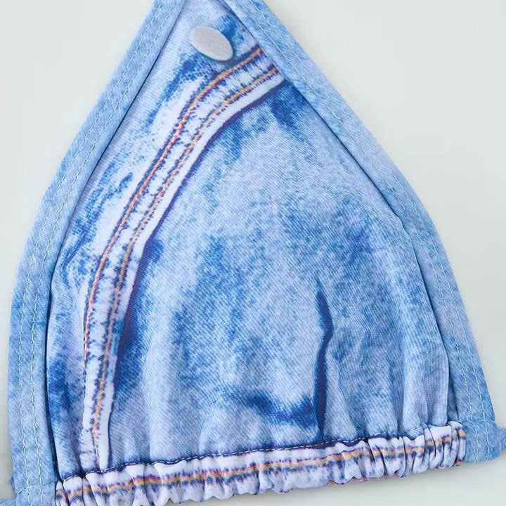 Damen Triangel-Bikini mit Jeans-Optik und geflochtenen BindNord Taschenändern