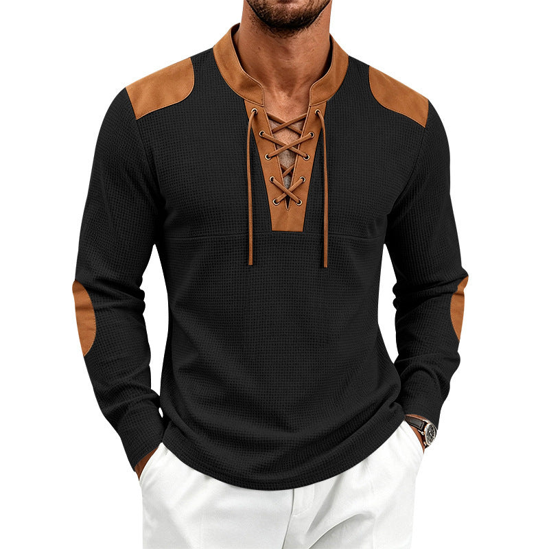 Herren Waffelstrick-Langarmshirt mit Schnürkragen und Kunstleder-Patches Nord Taschen