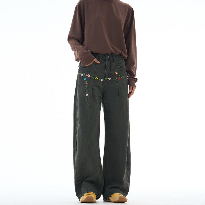 Damen Extraweite Denim-Palazzohose mit floraler Stickerei Nord Taschen