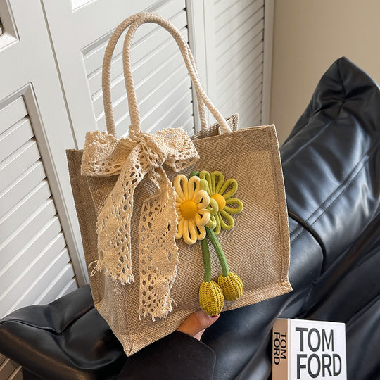 Damen Jute-Strandtasche mit floralem Dekor und verspieltem Schleifenakzent Nord Taschen