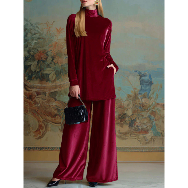 Damen Oversize-Samt-Set mit Rollkragen und weitem Palazzohose Nord Taschen