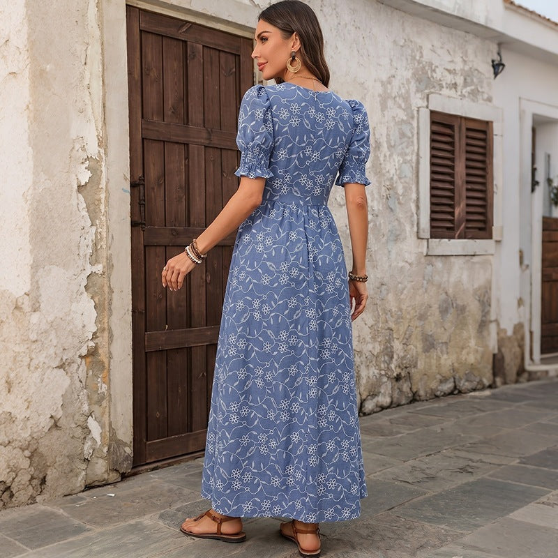 Damen Langes Leichtes Sommer-Maxikleid mit quadratischem Ausschnitt, Puffärmeln und floraler Stickoptik Nord Taschen