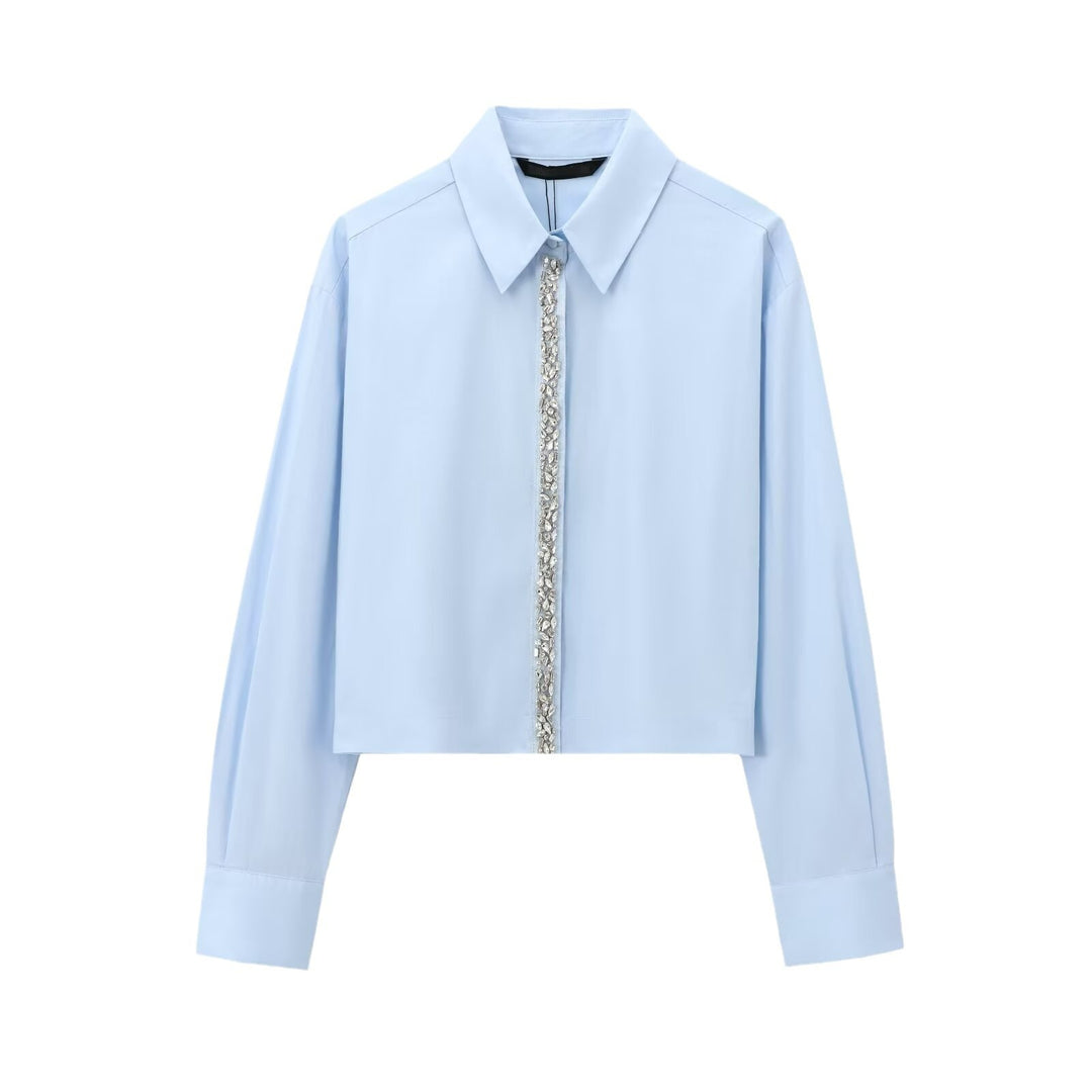 Damen Cropped Hemd mit Kristallverzierung und Oversized-Kragen Nord Taschen