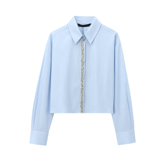 Damen Cropped Hemd mit Kristallverzierung und Oversized-Kragen Nord Taschen
