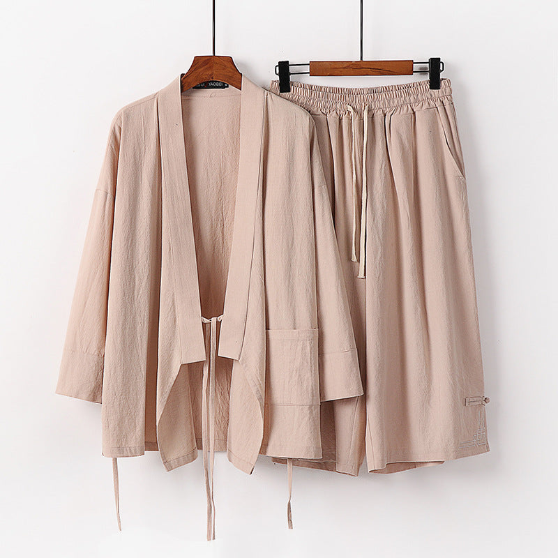 Damen Zen-Kimono-Lounge-Set aus atmungsaktivem Baumwollmix mit Bindebandjacke und weiten Culotte-Hose Nord Taschen