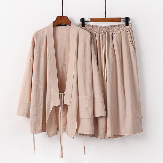 Damen Zen-Kimono-Lounge-Set aus atmungsaktivem Baumwollmix mit Bindebandjacke und weiten Culotte-Hose Nord Taschen