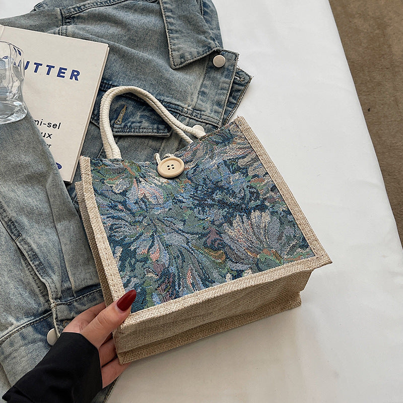 Damen Jute-Tragetasche mit kunstvollem floralem Stickdesign Nord Taschen