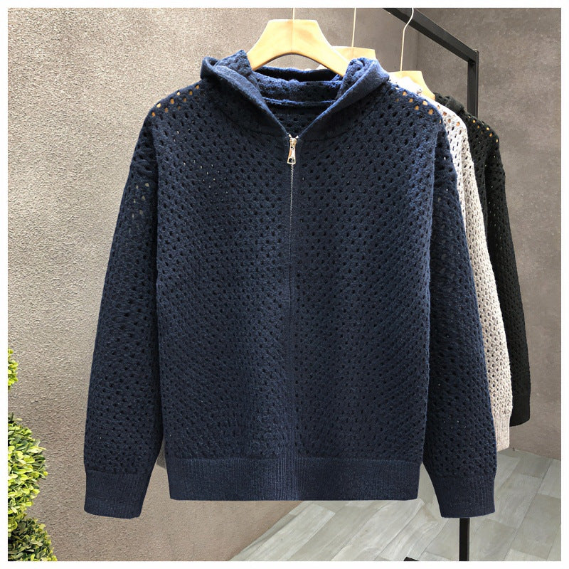 Unisex Leichte Lochstrick-Kapuzenzipjacke mit Ajourmuster Nord Taschen