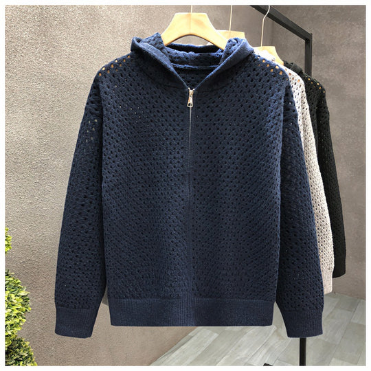 Unisex Leichte Lochstrick-Kapuzenzipjacke mit Ajourmuster Nord Taschen