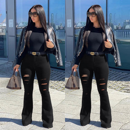 Damen High-Waist Schlaghose im Stretch-Denim mit mehrfachem Destroyed-Effekt Nord Taschen