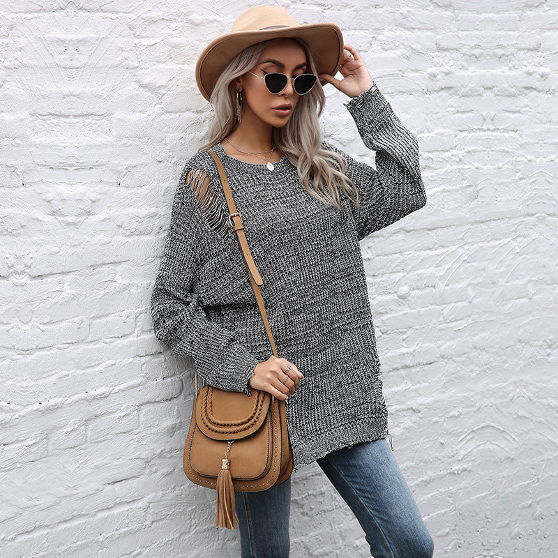 Damen Grobgestrickter Oversize-Pullover mit offenen Maschen, rohem Saum und Rundhalsausschnitt Nord Taschen
