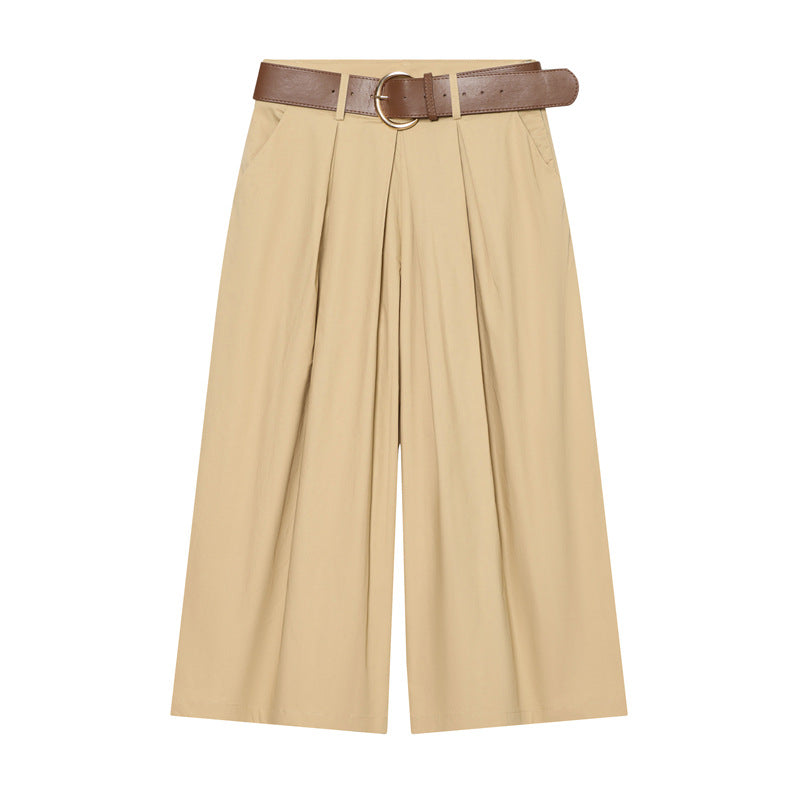 Damen Hochtaillierte Culotte-Hose mit weitem Bein, Kellerfalten und Rundbuckel-Gürtel Nord Taschen