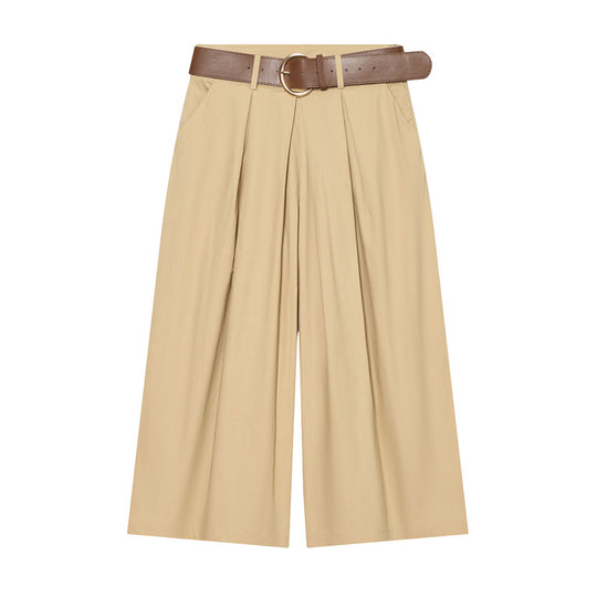 Damen Hochtaillierte Culotte-Hose mit weitem Bein, Kellerfalten und Rundbuckel-Gürtel Nord Taschen