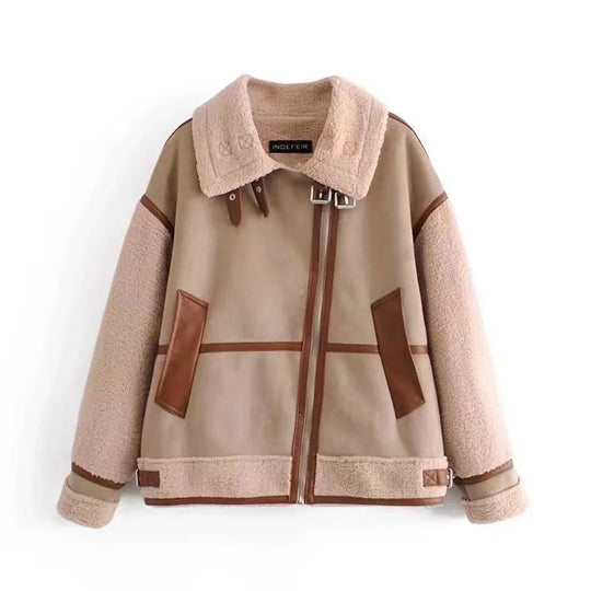 Damen Kurzjacke im Aviator-Look mit Teddyfutter, Kunstlederbesatz und asymmetrischem Reißverschluss Nord Taschen