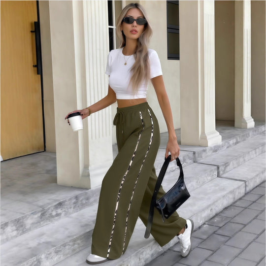 Damen Weite High‑Waist Loungehose mit Kordelzug und kontrastierenden Seitenstreifen Nord Taschen