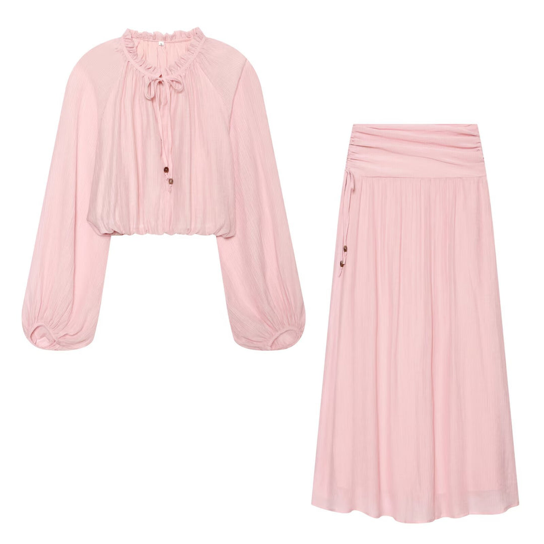 Damen Leichtes plissiertes Crop-Top mit Rüschenkragen und Kordelzug Nord Taschen