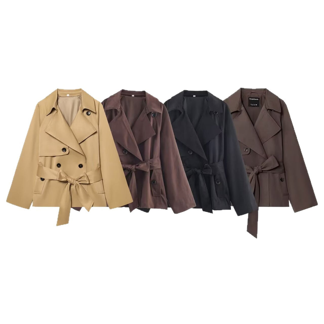 Damen Gekürzte Taillengürtel-Trenchjacke mit breitem Revers und Pattentaschen Nord Taschen