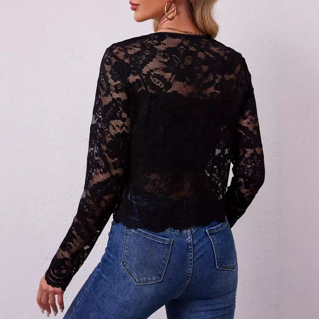 Damen nan kurz geschnittene transparente Spitzenbolerojacke mit floraler Spitze und Hakenverschluss