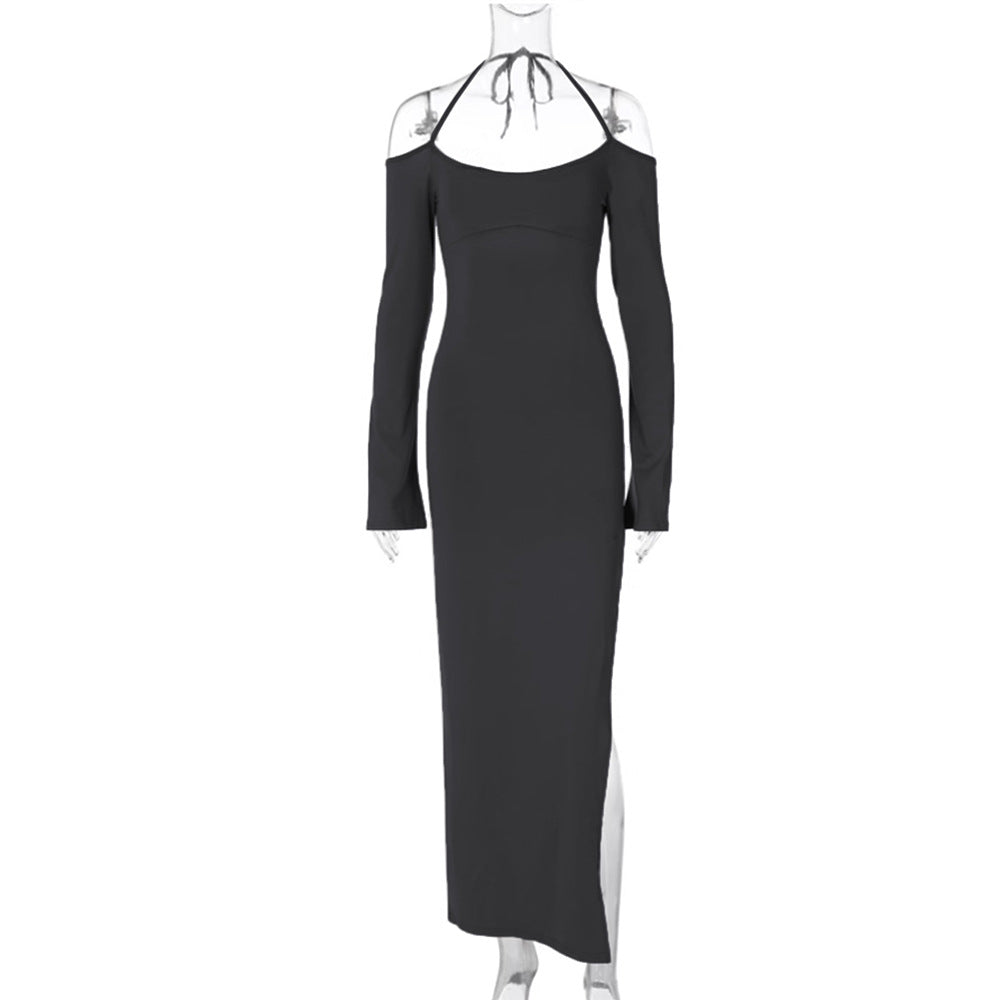 Damen langes Abendkleid mit Neckholder und schulterfreiem Bell-Ärmel, figurbetonter Taillenraffung und hohem seitlichem Beinschlitz Nord Taschen