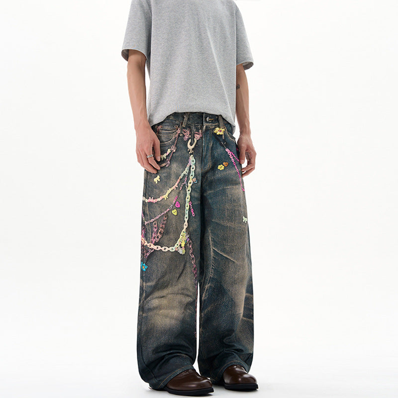 Herren Baggy-Denim-Jeans mit handbemaltem Kettenprint und Applikationen Nord Taschen