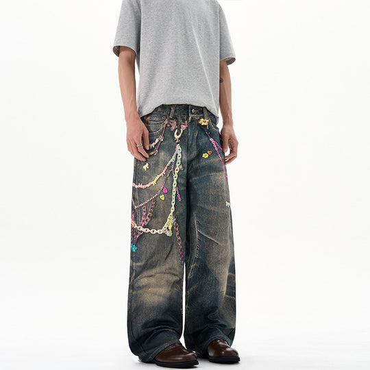 Herren Baggy-Denim-Jeans mit handbemaltem Kettenprint und Applikationen Nord Taschen
