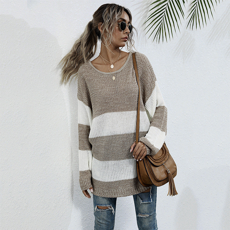 Damen Lässiger Strickpullover mit Blockstreifen Nord Taschen