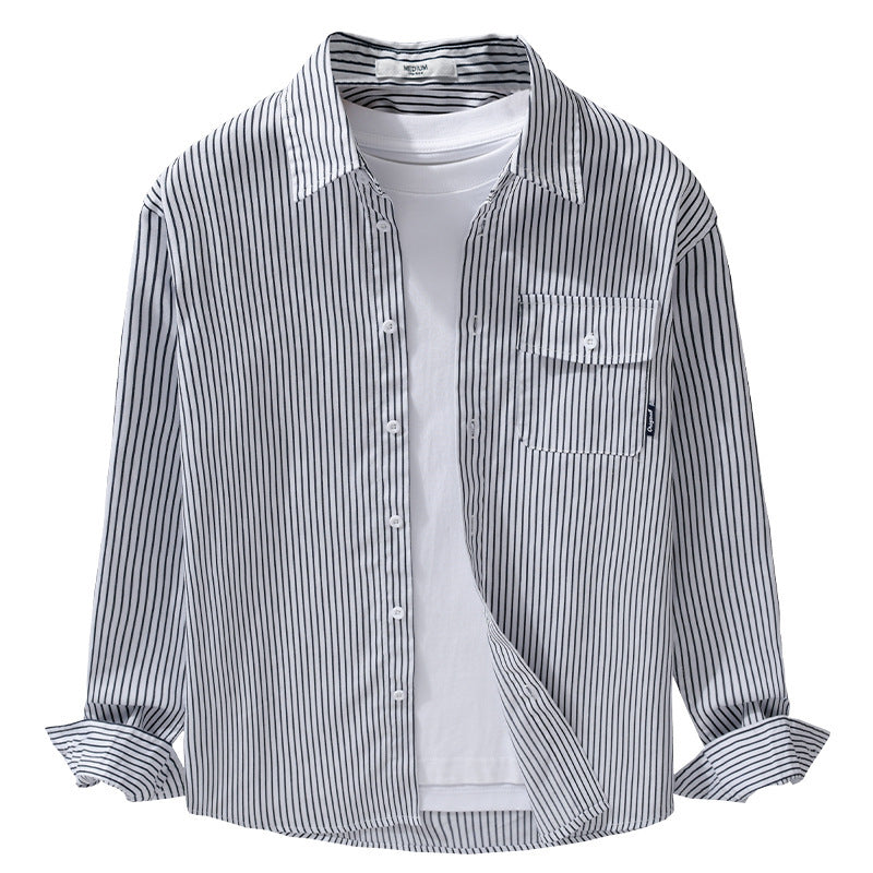 Herren Leichtes gestreiftes Hemdjacken-Overshirt aus Baumwoll-Leinenmix mit Brusttasche Nord Taschen