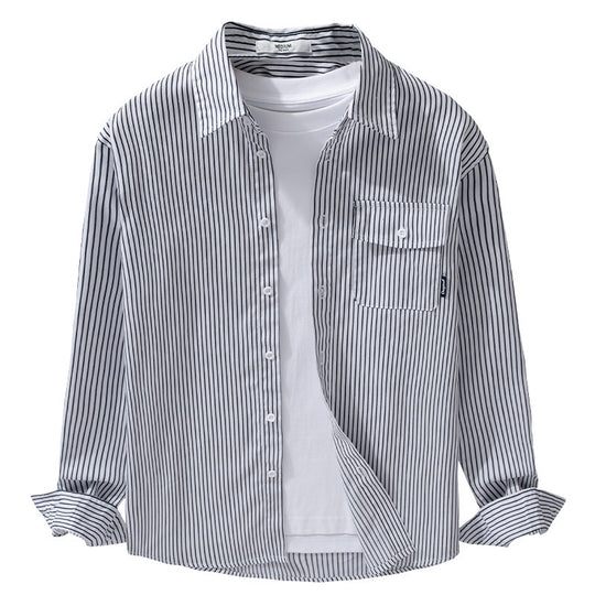 Herren Leichtes gestreiftes Hemdjacken-Overshirt aus Baumwoll-Leinenmix mit Brusttasche Nord Taschen