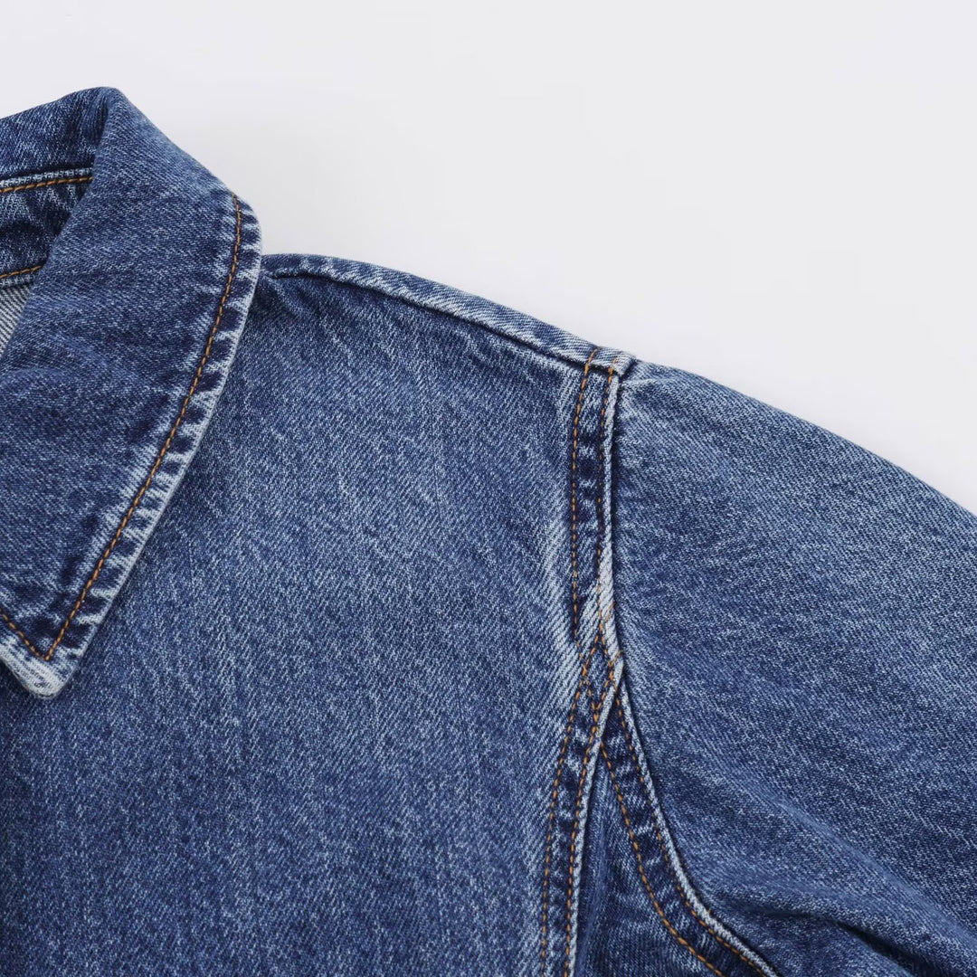 Damen Boxy Jeansjacke mit weiten Ärmeln, aufgesetzten Pattentaschen und Druckknopfverschluss Nord Taschen