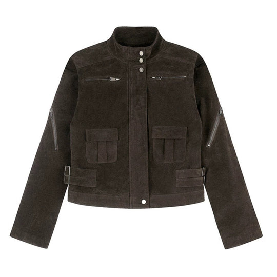 Damen Kurz geschnittene Wildlederjacke mit Stehkragen, Utility-Taschen und Seiten-Schnallen Nord Taschen