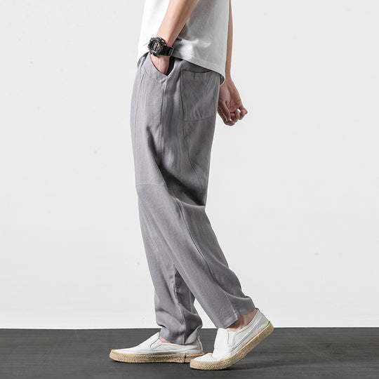 Herren Weiche Leinenmix-Loungehose mit tiefem Schritt, elastischem Bund und taillierter Beinverjüngung Nord Taschen