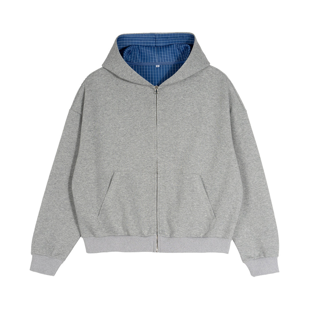 Unisex Kurz geschnittene Oversize-Kapuzenjacke mit durchgehendem Reißverschluss, kariert gefütterter Kapuze und Kängurutasche Nord Taschen