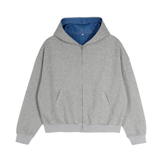 Unisex Kurz geschnittene Oversize-Kapuzenjacke mit durchgehendem Reißverschluss, kariert gefütterter Kapuze und Kängurutasche Nord Taschen