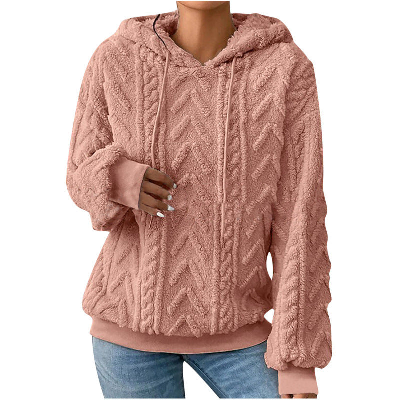Damen Flauschiger Kapuzenpullover im Zopfmuster mit Oversize-Schnitt Nord Taschen