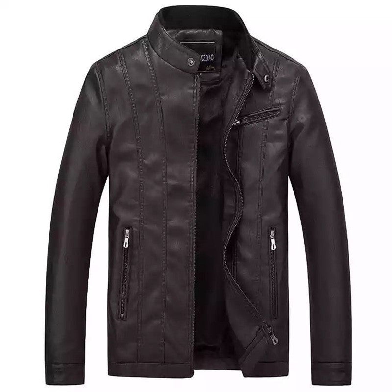 Herren Slim-Fit Kunstlederjacke im Bikerstil mit Stehkragen und vertikalen Ziernähten Nord Taschen