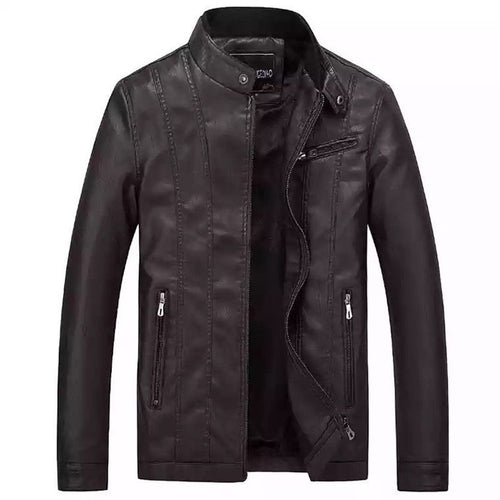 Herren Slim-Fit Kunstlederjacke im Bikerstil mit Stehkragen und vertikalen Ziernähten Nord Taschen